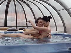 Amateur teen and daddy enjoy some steamy time in the jacuzzi
