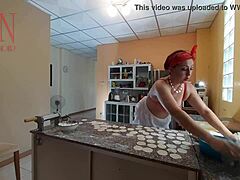 Temptress Regina Noir's naked cook skills captured on hidden camera in the kitchen