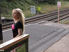 Jessica Morgan, a blonde beauty, soils her diaper and goes on a daring outdoor adventure to the train station