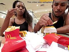 Amateur couple prepares for outdoor sex at McDonald's with Latina