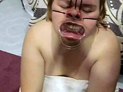 Amateur BBW gets her face covered in cum after being tied up