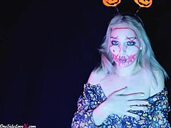 18-year-old amateur shows off her sexy bode and masturbates on Halloween