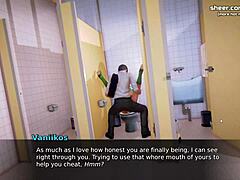 Waifu Akademisi videosunun 5. bölümünde, dar bir amcık olan 18 yaşındaki üniversiteli genç, halka açık tuvalette iç içe girer