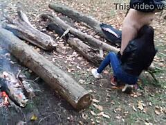 Girlfriend's orgasmic experience in the forest: mouthfucking and cumshot in public
